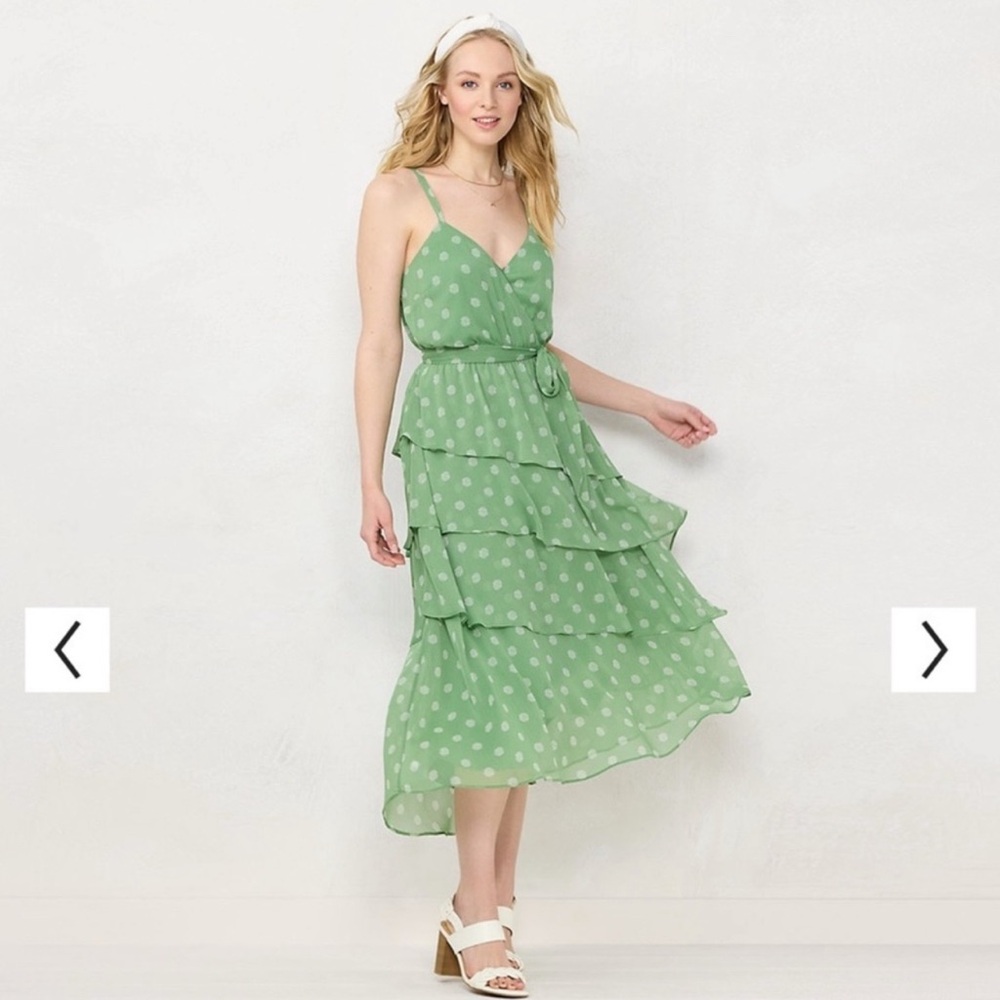 NWT Women's LC Lauren Conrad Strappy Tiered Midi Dress Polka Dot Green Medium